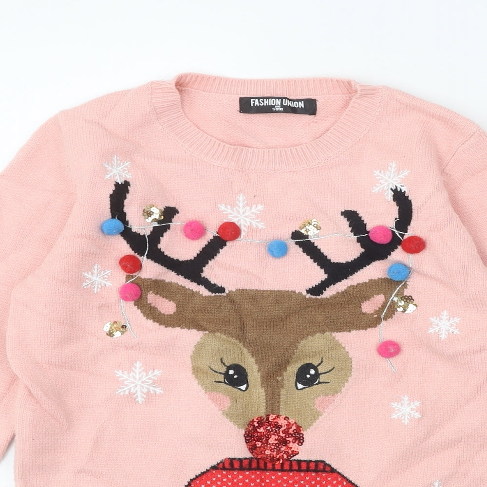 Fashion Union Girls Pink Round Neck Viscose Pullover Jumper Size 11-12 Years Pullover - Christmas
