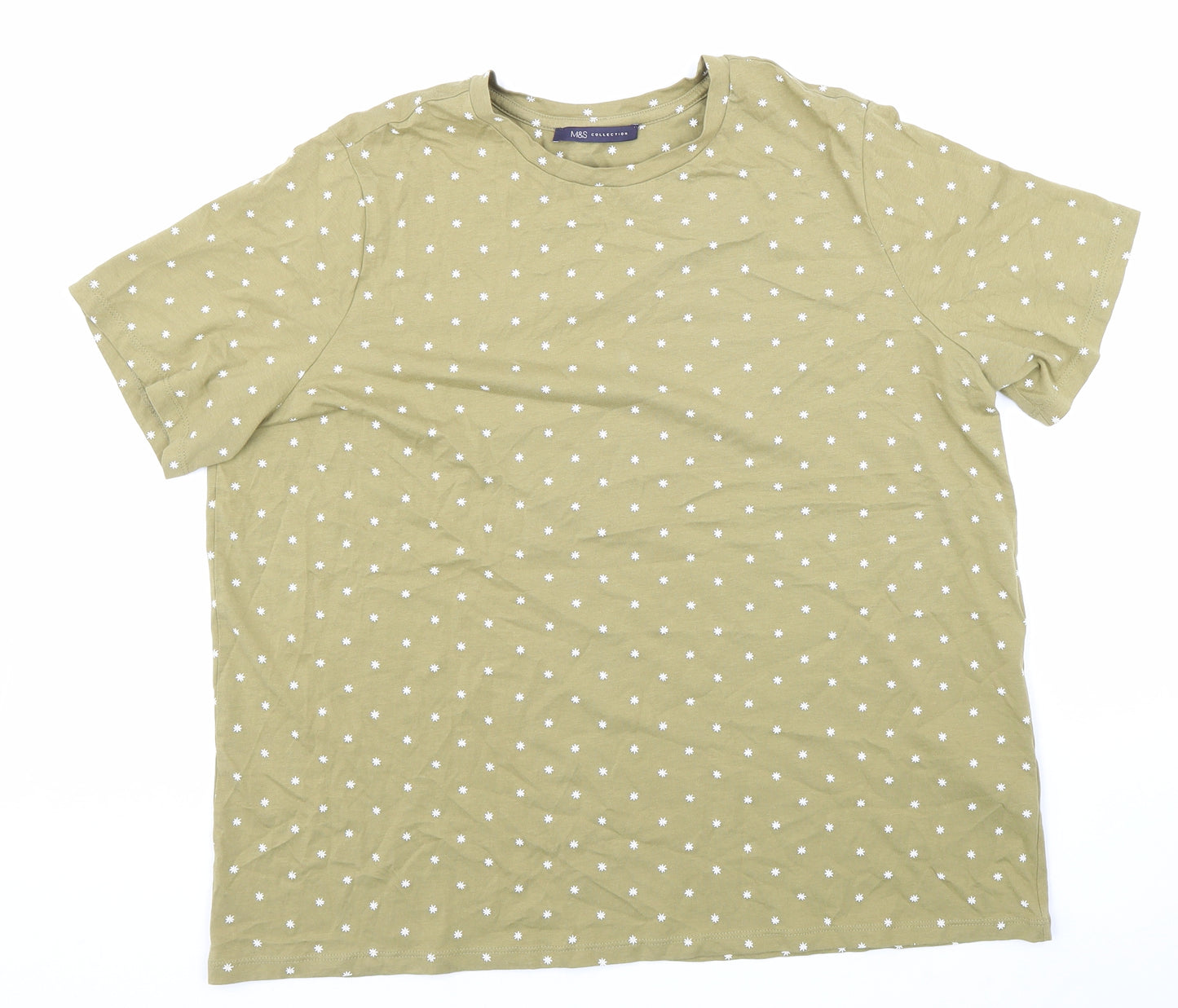 Marks and Spencer Womens Green Polka Dot 100% Cotton Basic T-Shirt Size 18 Round Neck