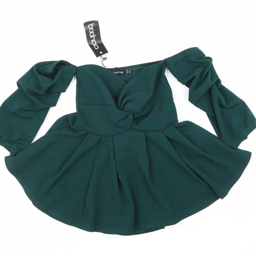 Boohoo Womens Green Polyester Basic Blouse Size 6 Off the Shoulder