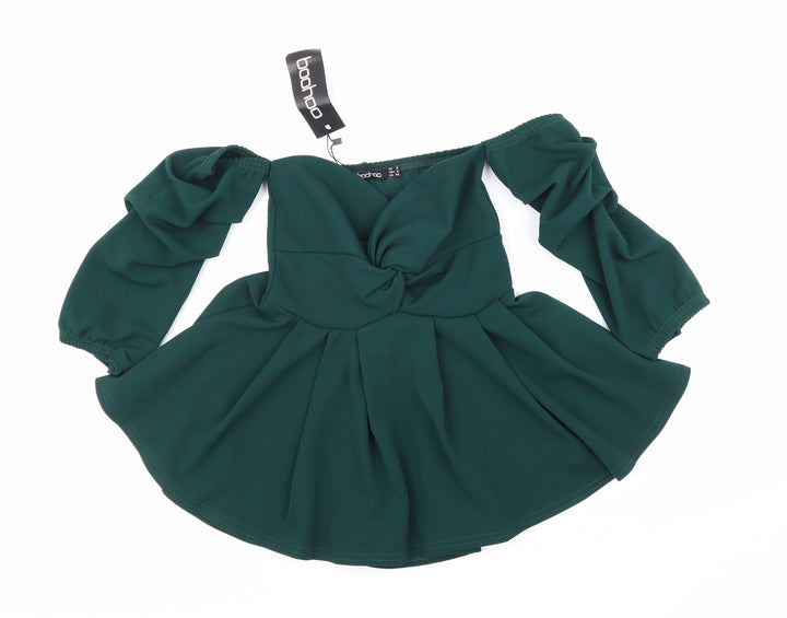 Boohoo Womens Green Polyester Basic Blouse Size 6 Off the Shoulder