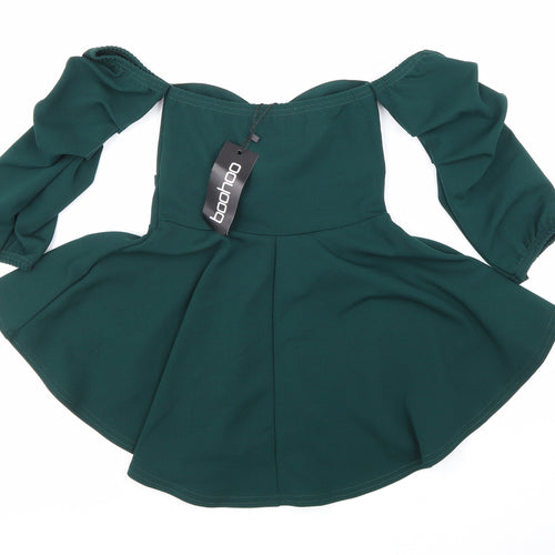 Boohoo Womens Green Polyester Basic Blouse Size 6 Off the Shoulder