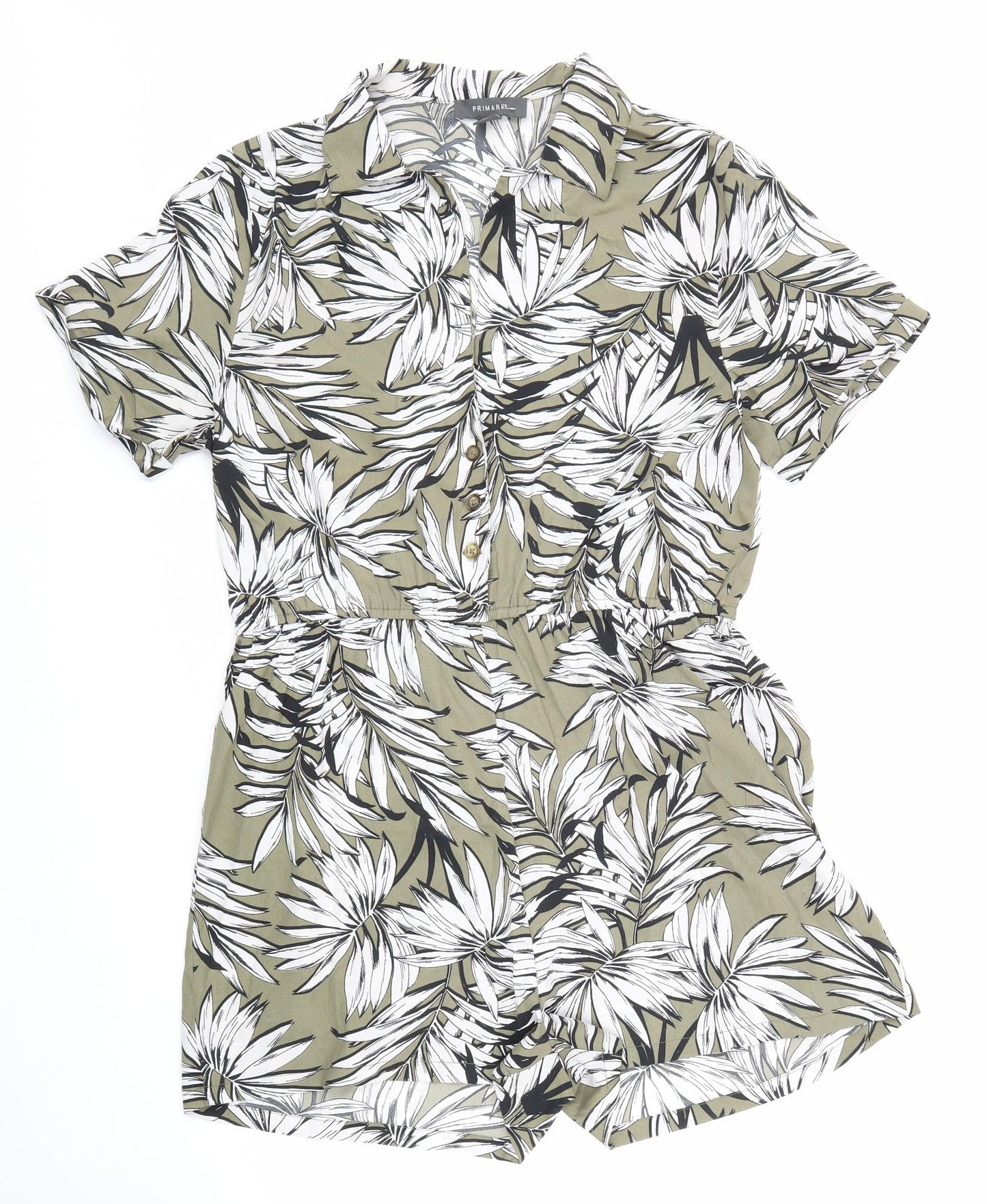 Primark Womens Green Geometric Polyester Playsuit One-Piece Size 14 Button