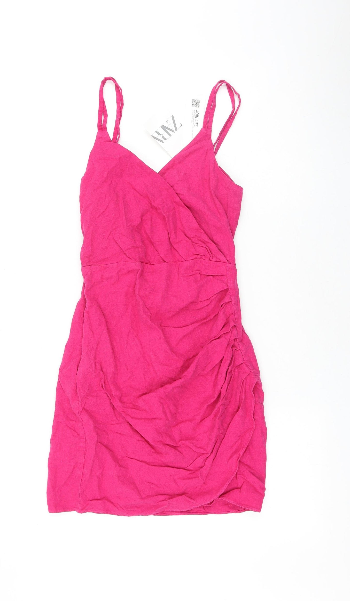 Zara Womens Pink Linen Mini Size XS V-Neck Zip