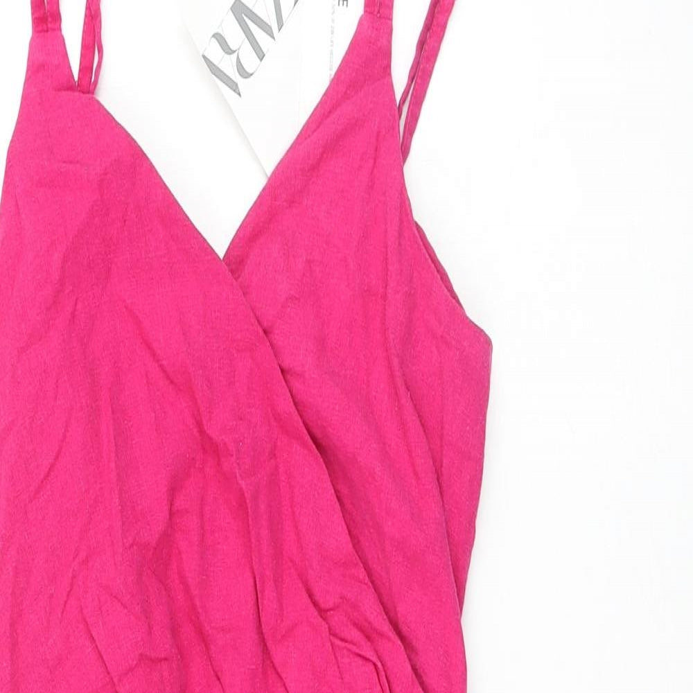 Zara Womens Pink Linen Mini Size XS V-Neck Zip