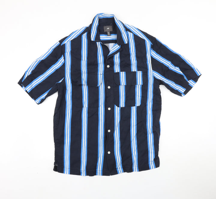H&M Mens Blue Striped Lyocell Button-Up Size S Collared Button