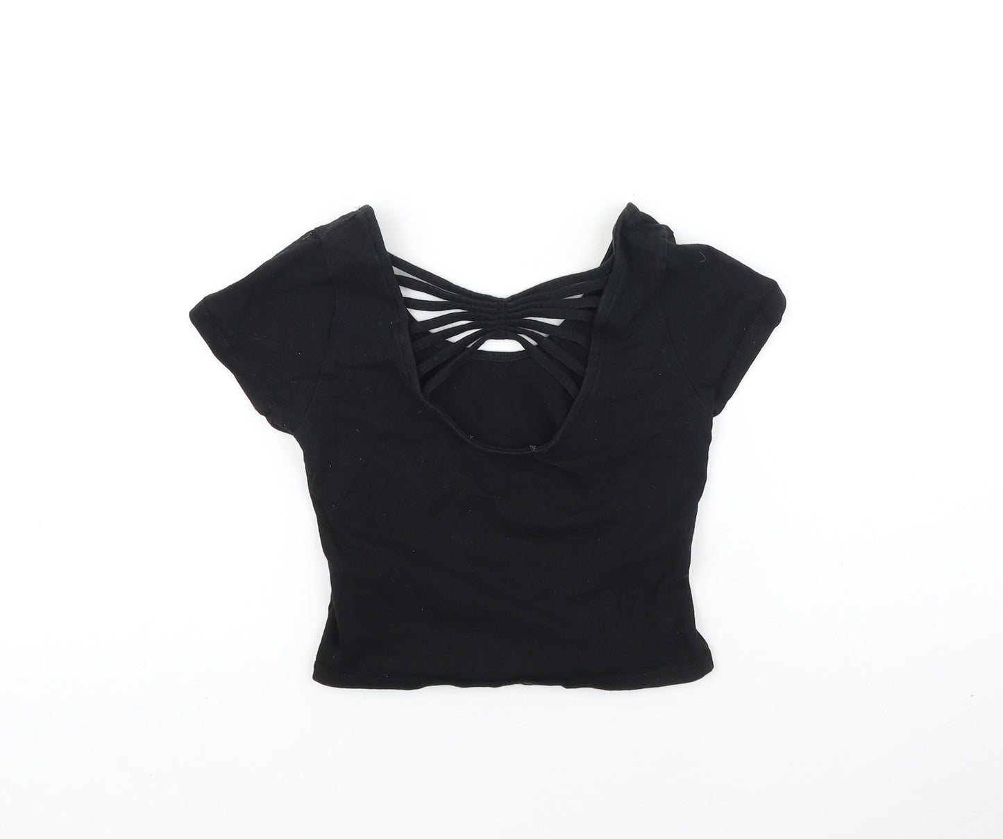 Primark Womens Black Cotton Cropped T-Shirt Size 8 Scoop Neck