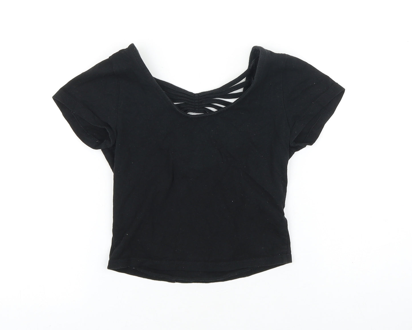 Primark Womens Black Cotton Cropped T-Shirt Size 8 Scoop Neck