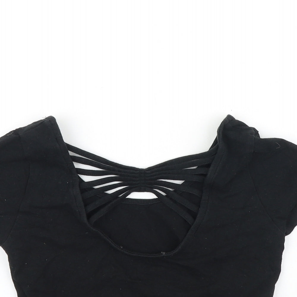 Primark Womens Black Cotton Cropped T-Shirt Size 8 Scoop Neck