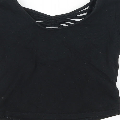 Primark Womens Black Cotton Cropped T-Shirt Size 8 Scoop Neck
