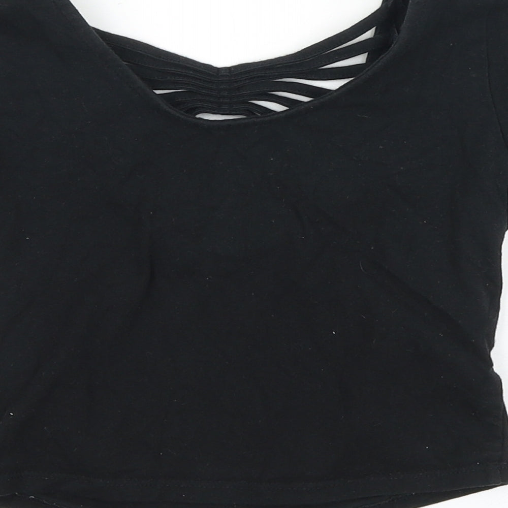 Primark Womens Black Cotton Cropped T-Shirt Size 8 Scoop Neck