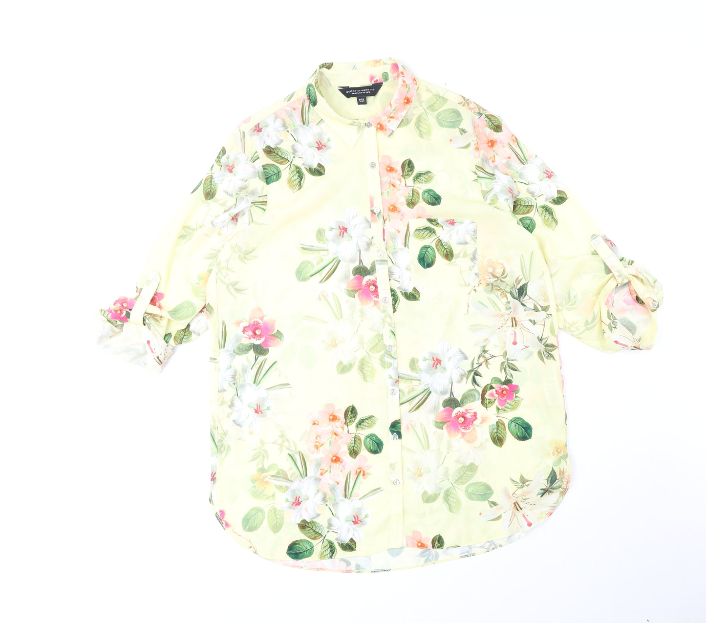 Dorothy Perkins Womens Yellow Floral Polyester Basic Button-Up Size 16 Collared
