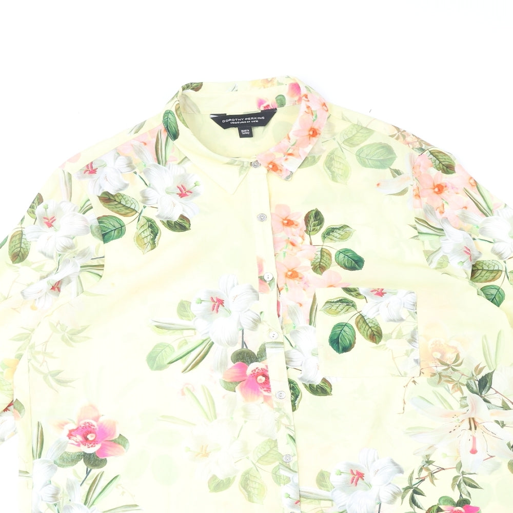 Dorothy Perkins Womens Yellow Floral Polyester Basic Button-Up Size 16 Collared