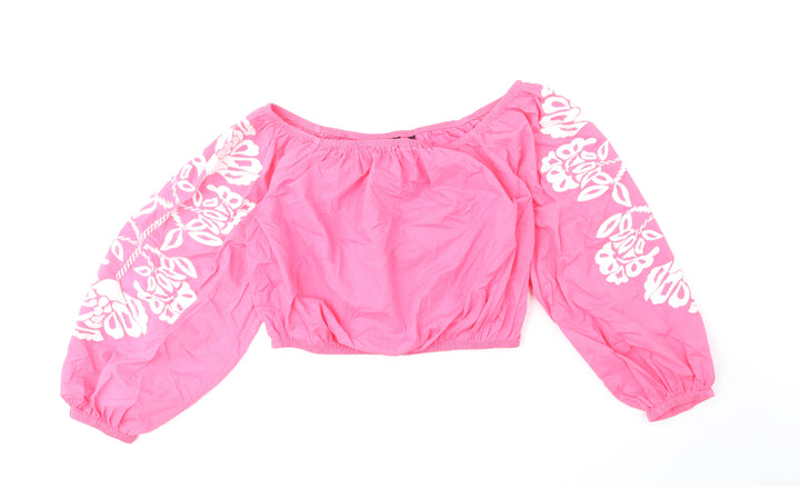 Marks and Spencer Womens Pink Cotton Cropped Blouse Size 14 Boat Neck - Floral Detail
