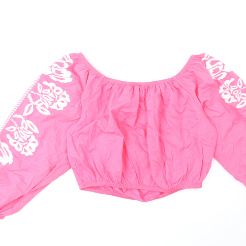 Marks and Spencer Womens Pink Cotton Cropped Blouse Size 14 Boat Neck - Floral Detail
