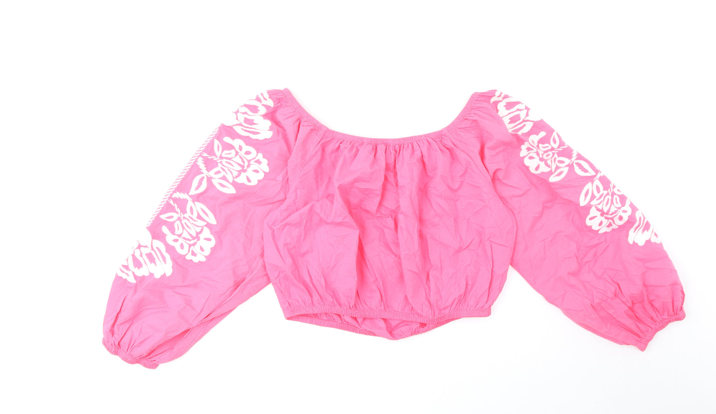 Marks and Spencer Womens Pink Cotton Cropped Blouse Size 14 Boat Neck - Floral Detail