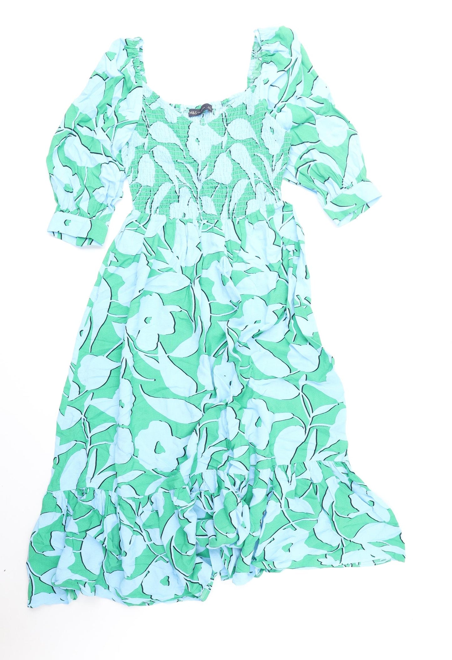 Marks and Spencer Womens Green Floral Viscose Fit & Flare Size 6 Scoop Neck Pullover