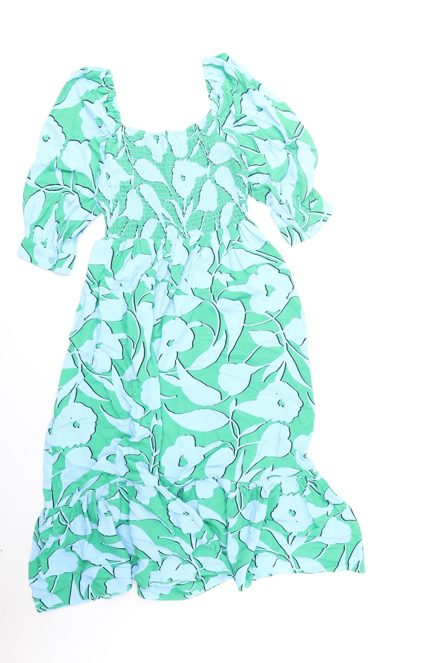 Marks and Spencer Womens Green Floral Viscose Fit & Flare Size 6 Scoop Neck Pullover
