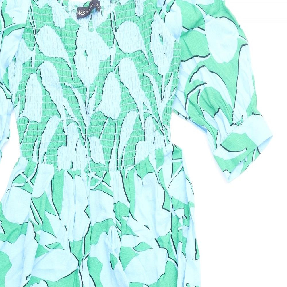 Marks and Spencer Womens Green Floral Viscose Fit & Flare Size 6 Scoop Neck Pullover
