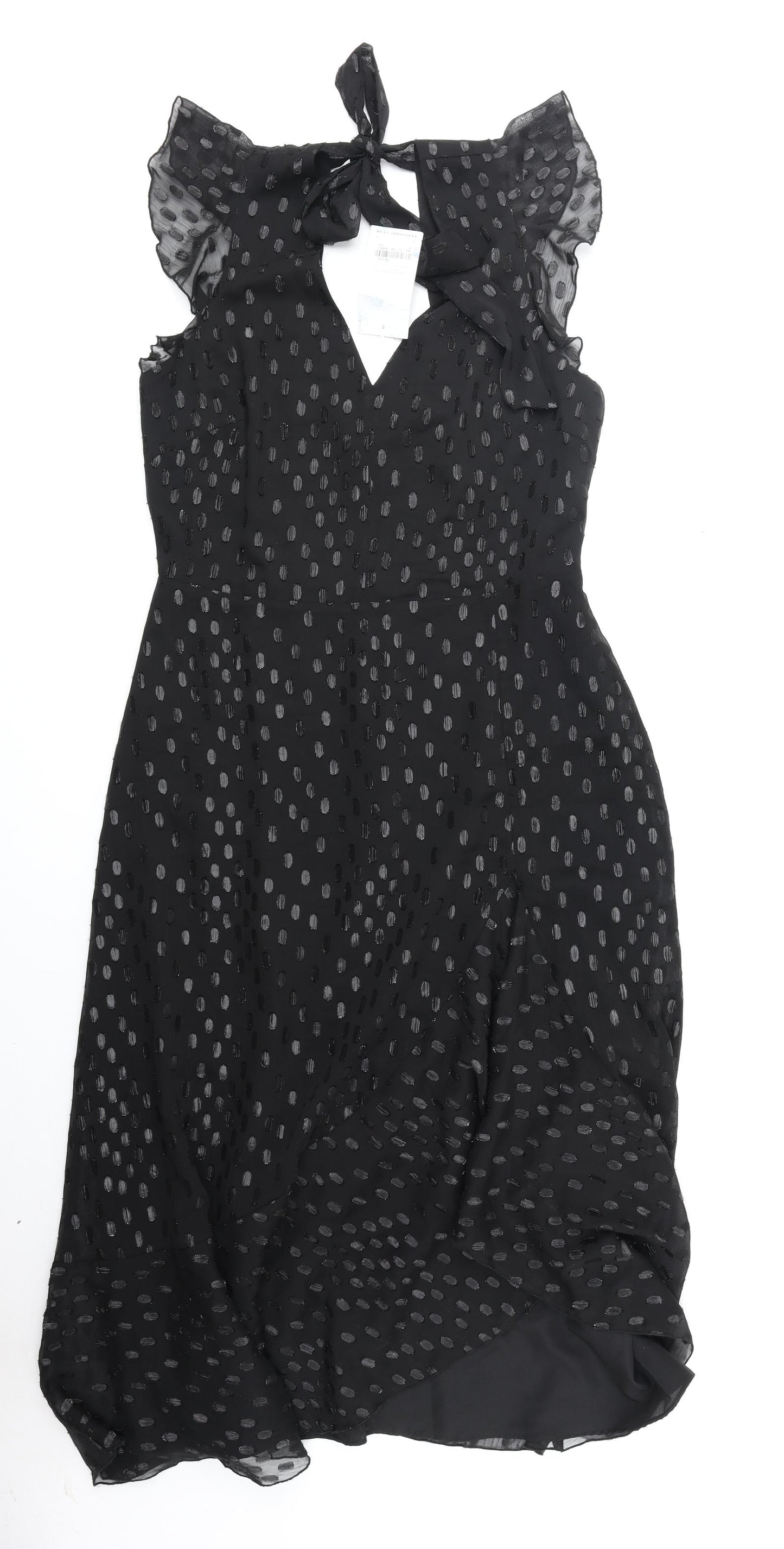 Warehouse Womens Black Polka Dot Polyester Fit & Flare Size 14 V-Neck Zip