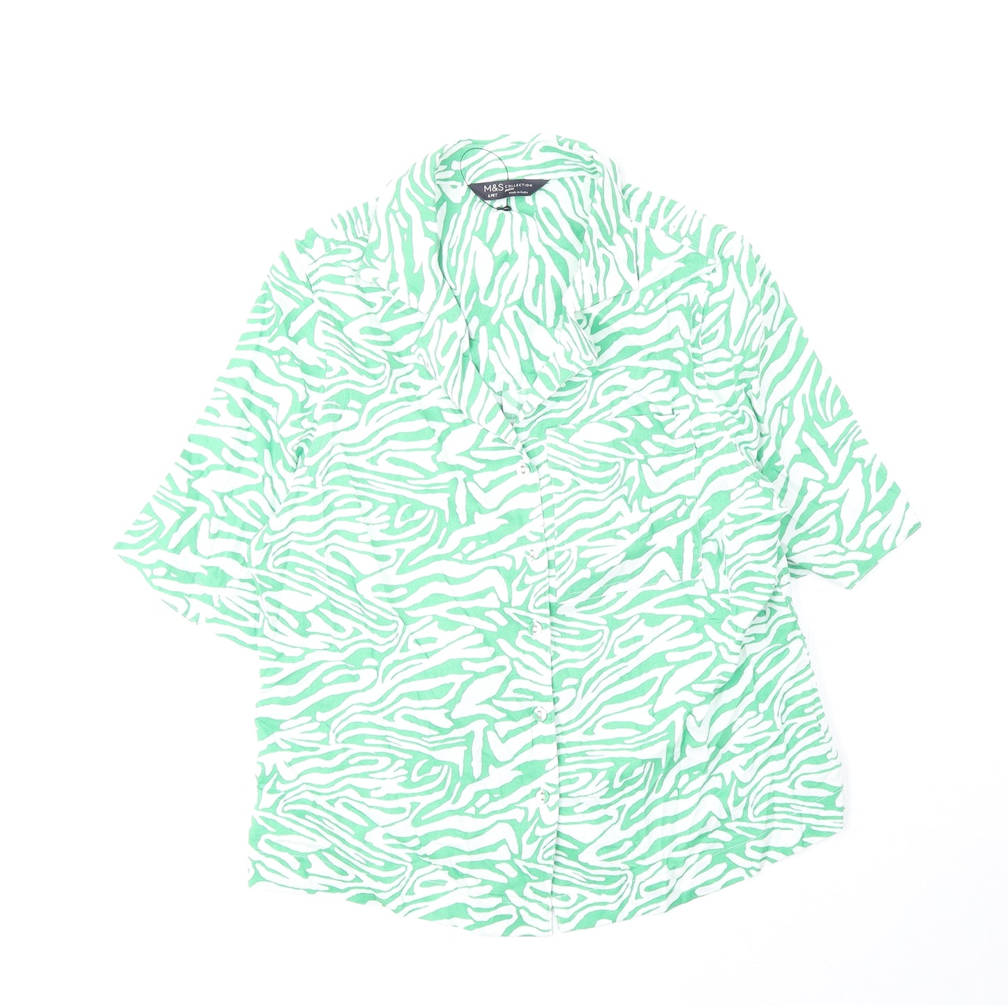 Marks and Spencer Womens Green Animal Print Cotton Basic Button-Up Size 6 Collared - Zebra Pattern