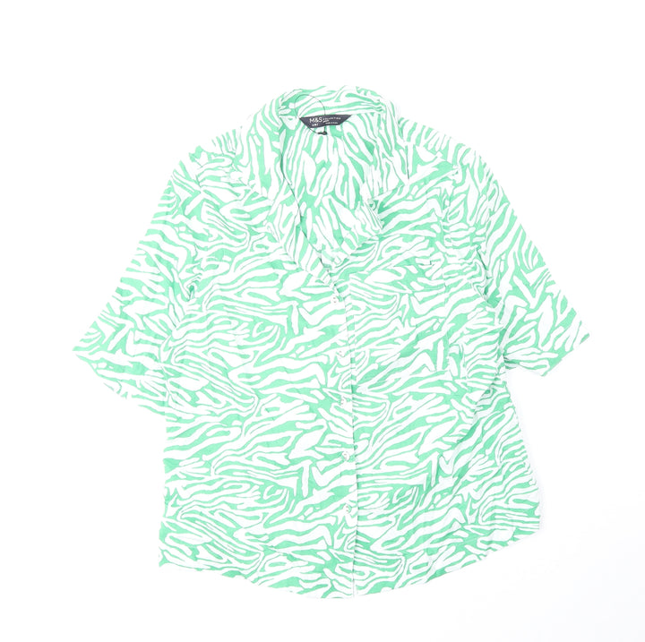 Marks and Spencer Womens Green Animal Print Cotton Basic Button-Up Size 6 Collared - Zebra Pattern