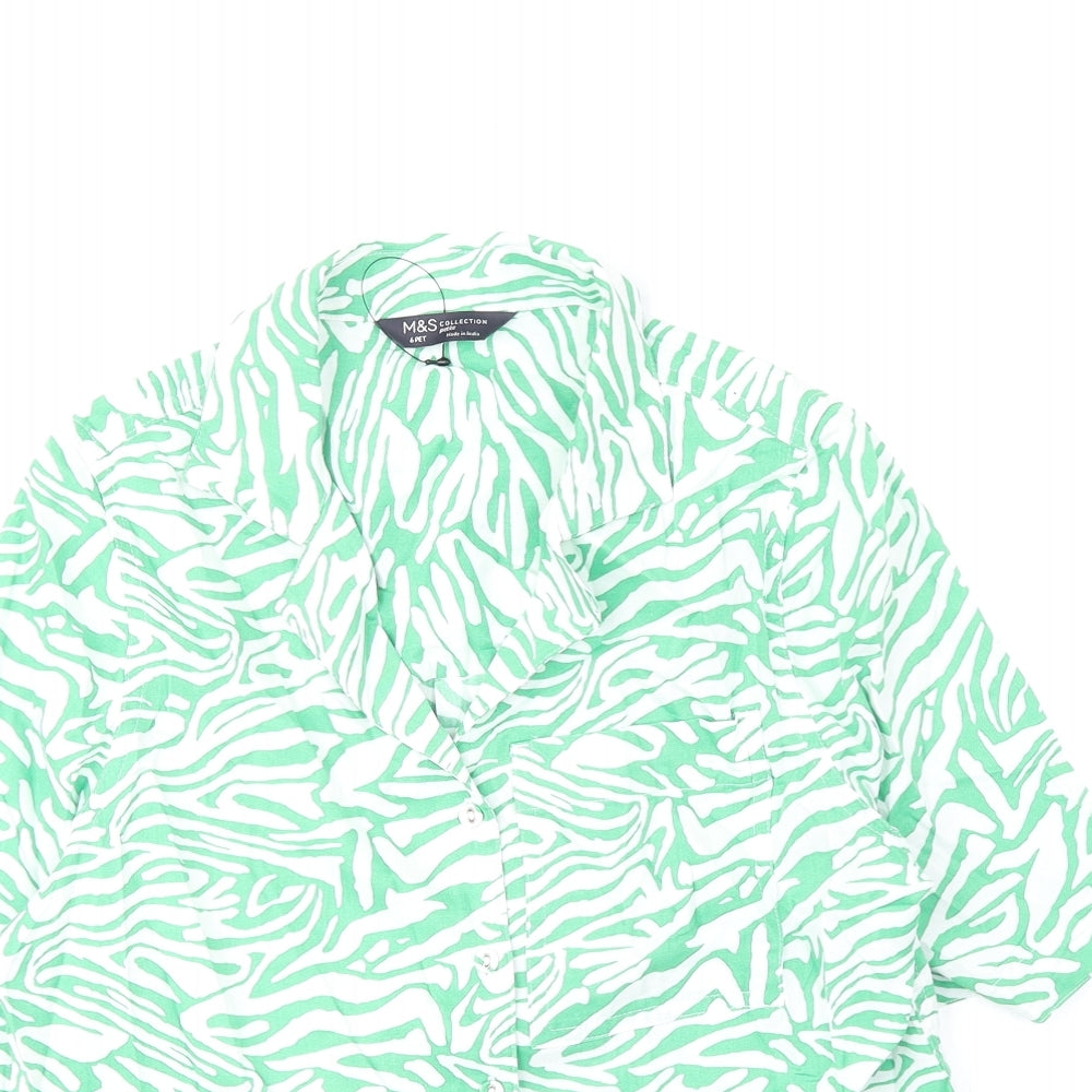 Marks and Spencer Womens Green Animal Print Cotton Basic Button-Up Size 6 Collared - Zebra Pattern