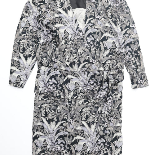 St Michael Womens Grey Geometric Viscose Sheath Size 14 V-Neck Zip