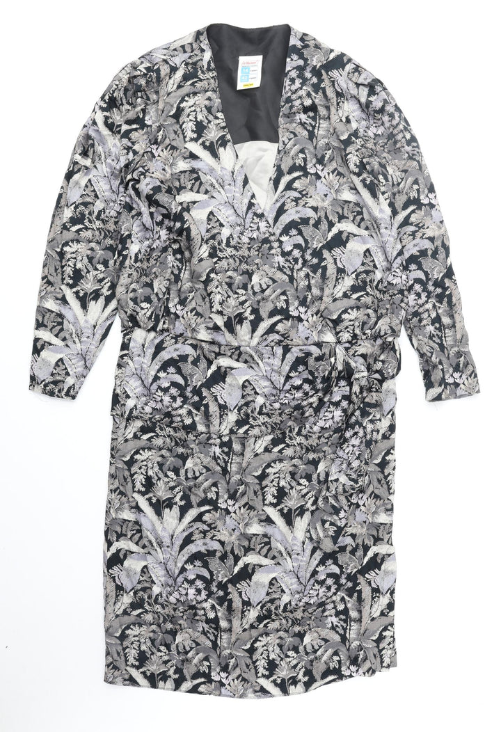 St Michael Womens Grey Geometric Viscose Sheath Size 14 V-Neck Zip