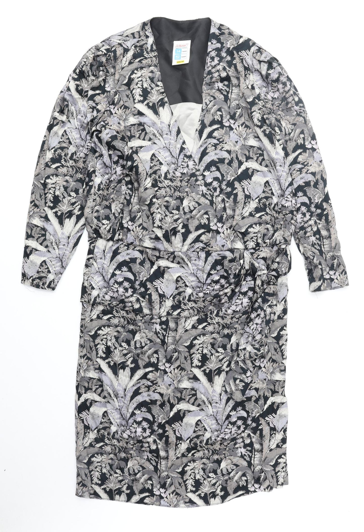 St Michael Womens Grey Geometric Viscose Sheath Size 14 V-Neck Zip