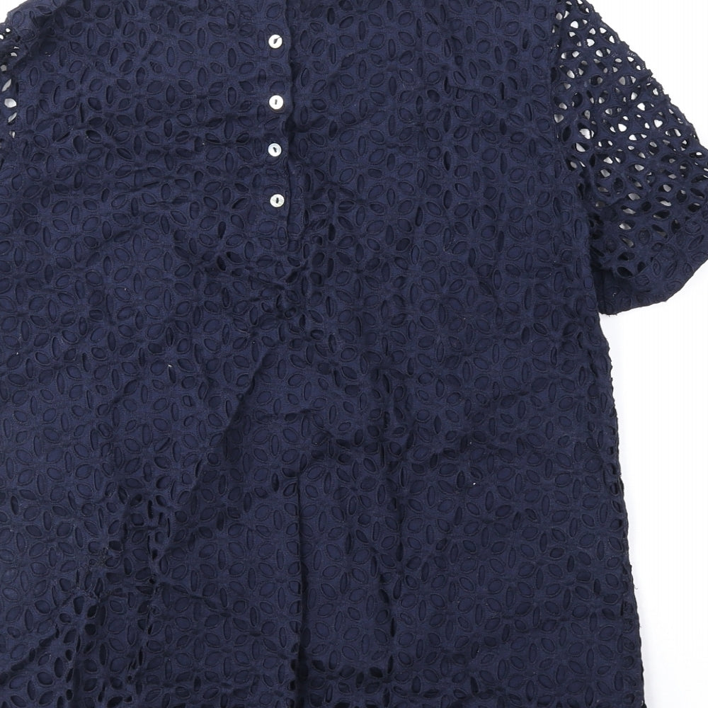 Whistles Womens Blue Geometric Cotton Basic Blouse Size 10 Collared