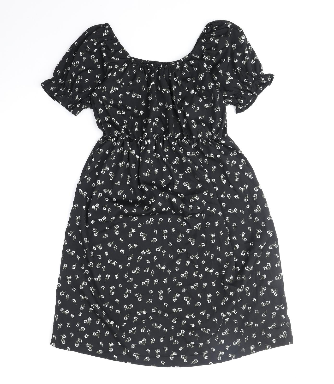 New Look Womens Black Floral Polyester Fit & Flare Size 8 Off the Shoulder Pullover