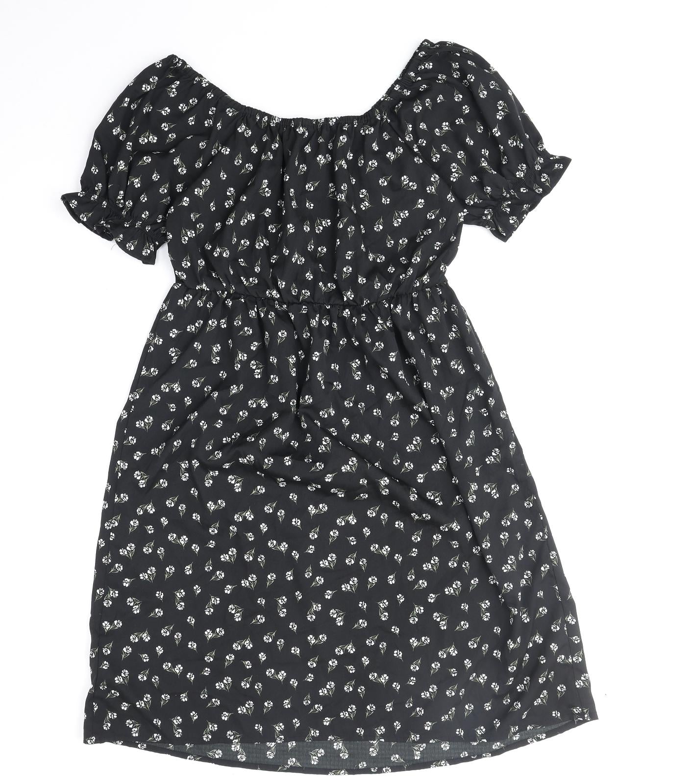 New Look Womens Black Floral Polyester Fit & Flare Size 8 Off the Shoulder Pullover