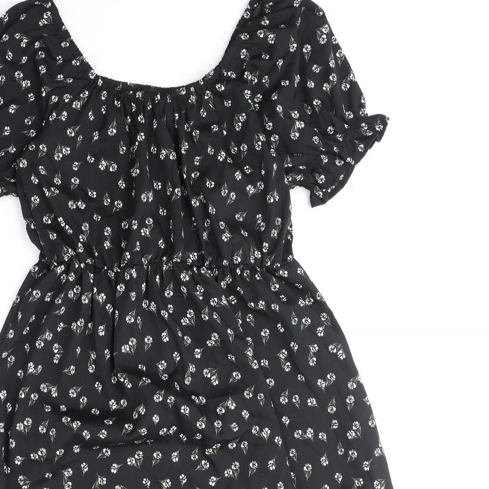 New Look Womens Black Floral Polyester Fit & Flare Size 8 Off the Shoulder Pullover