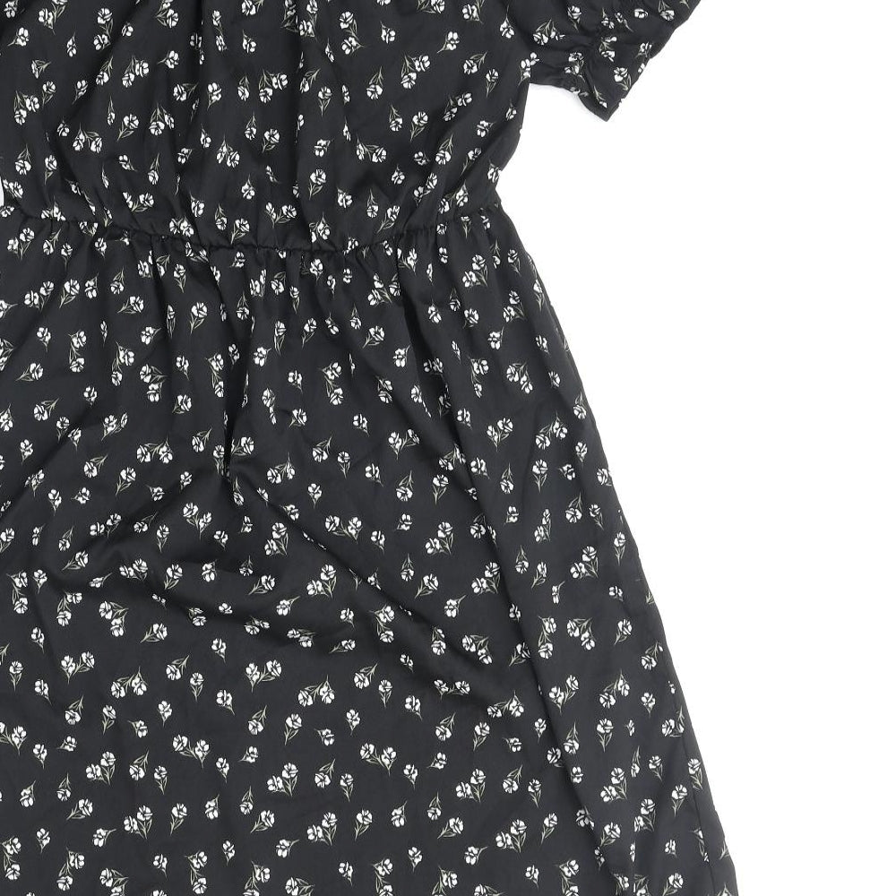 New Look Womens Black Floral Polyester Fit & Flare Size 8 Off the Shoulder Pullover