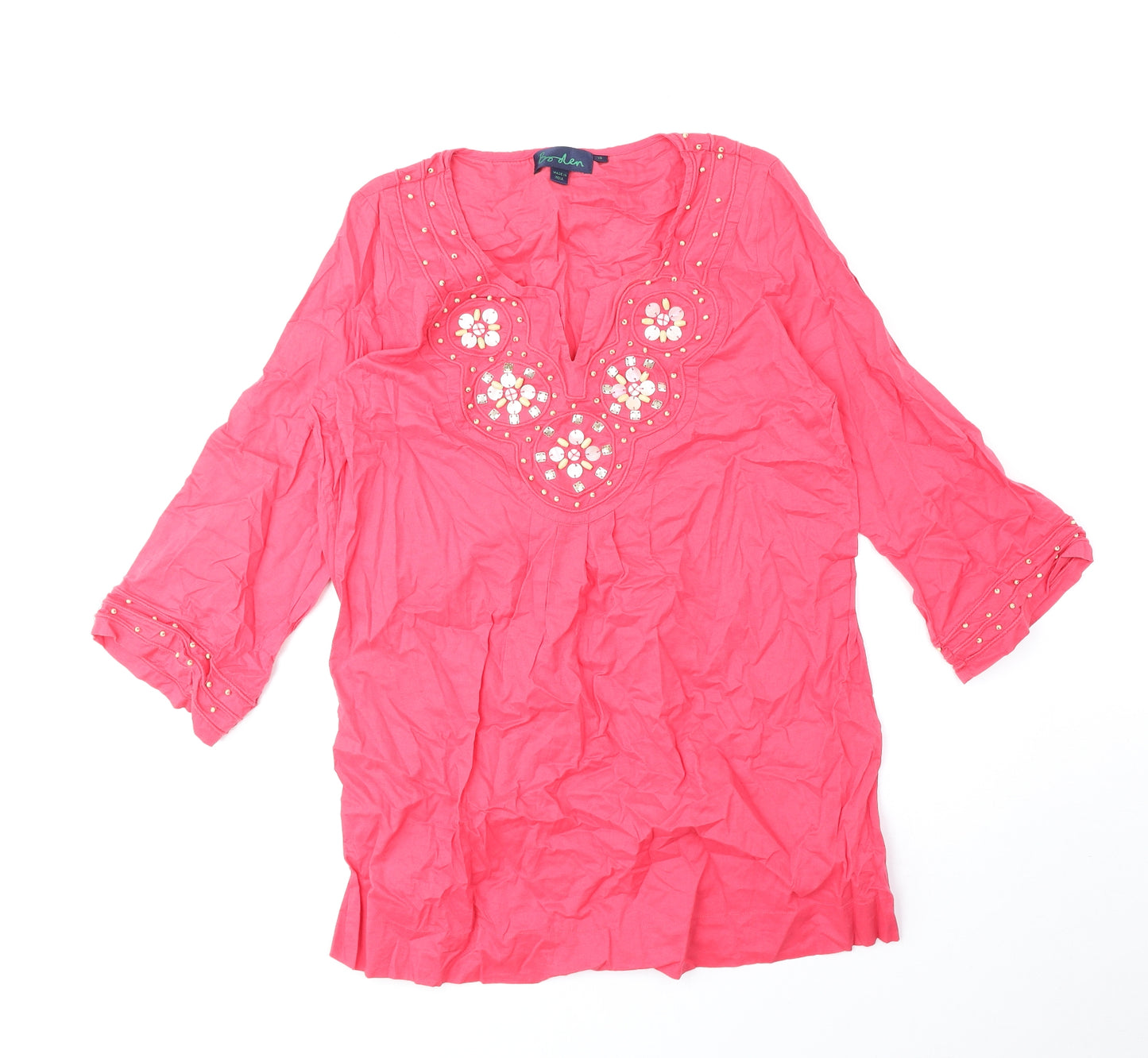 Boden Womens Pink Floral Cotton Tunic Blouse Size 10 V-Neck