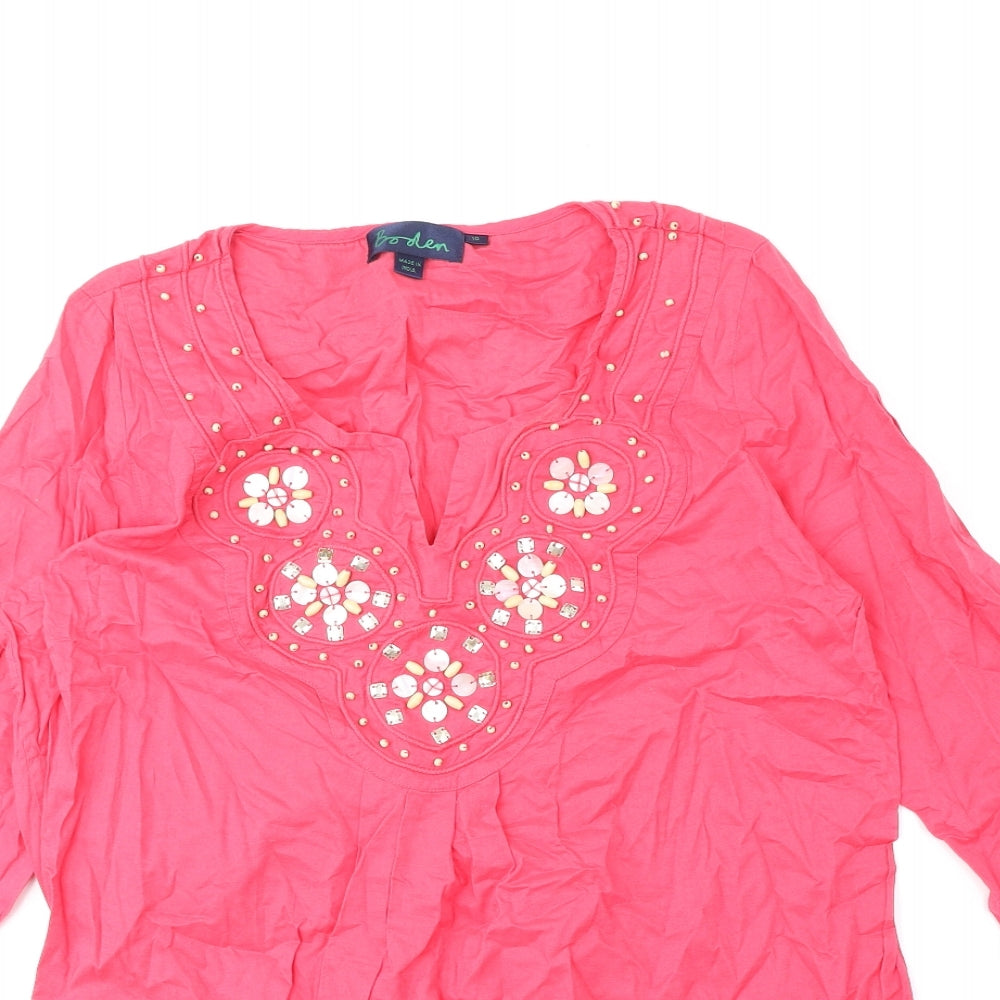 Boden Womens Pink Floral Cotton Tunic Blouse Size 10 V-Neck
