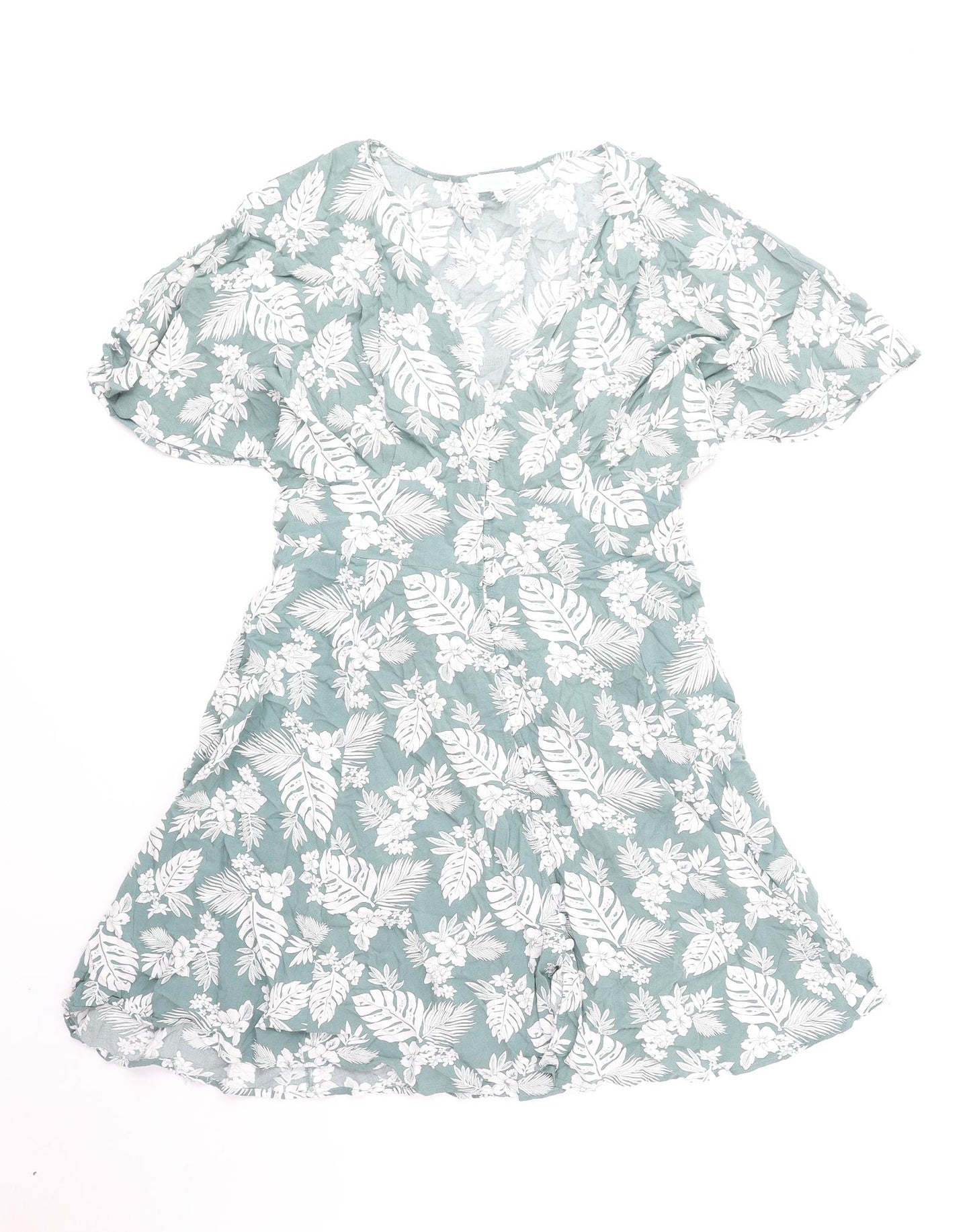Blue Vanilla Womens Green Floral Viscose Fit & Flare Size 12 V-Neck Button