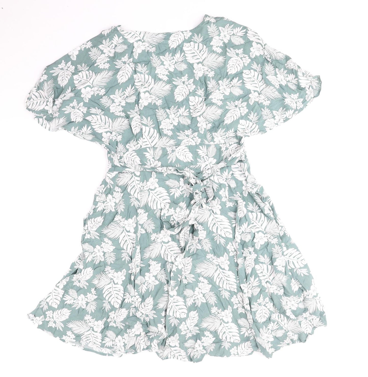 Blue Vanilla Womens Green Floral Viscose Fit & Flare Size 12 V-Neck Button