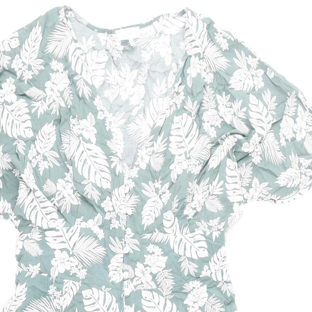 Blue Vanilla Womens Green Floral Viscose Fit & Flare Size 12 V-Neck Button