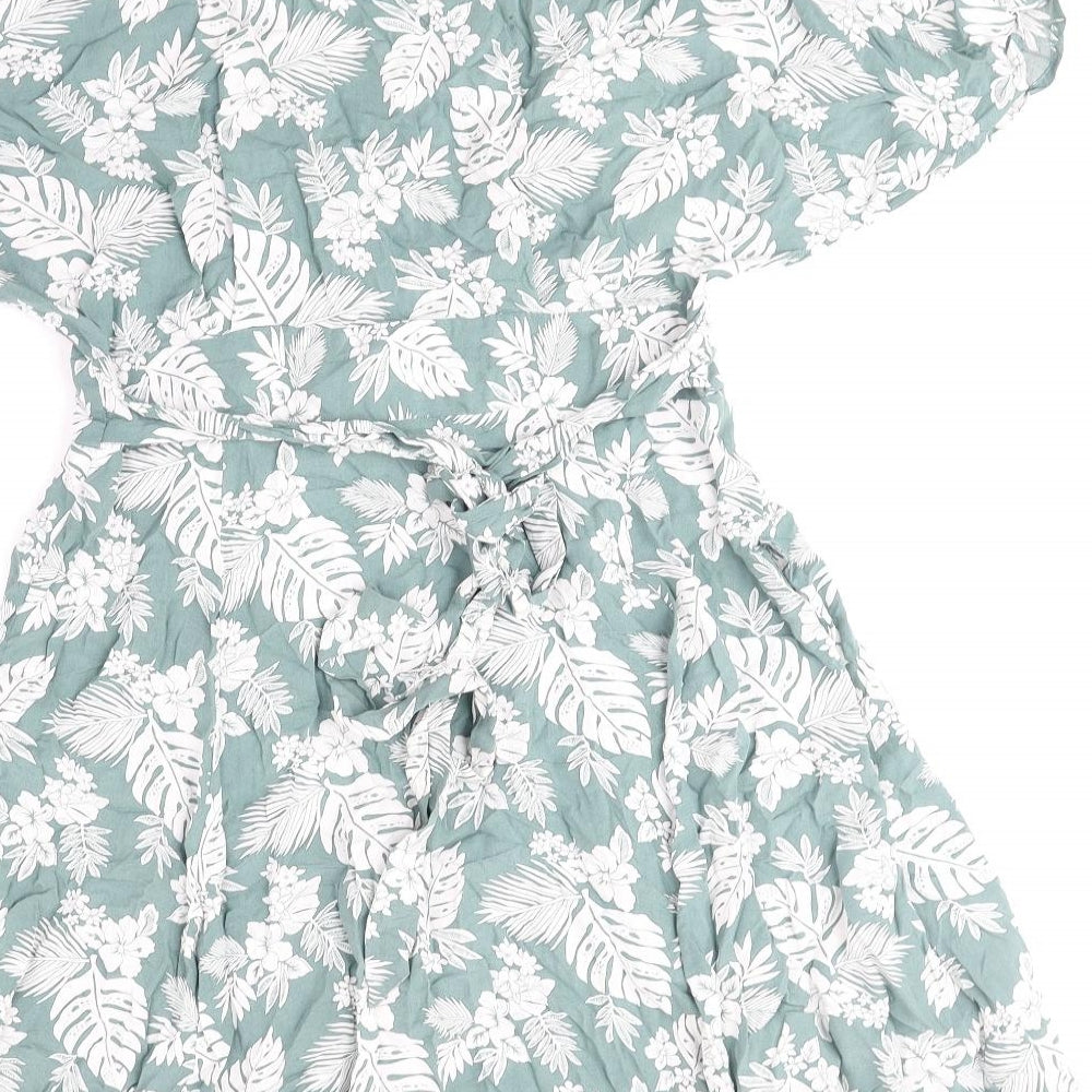 Blue Vanilla Womens Green Floral Viscose Fit & Flare Size 12 V-Neck Button