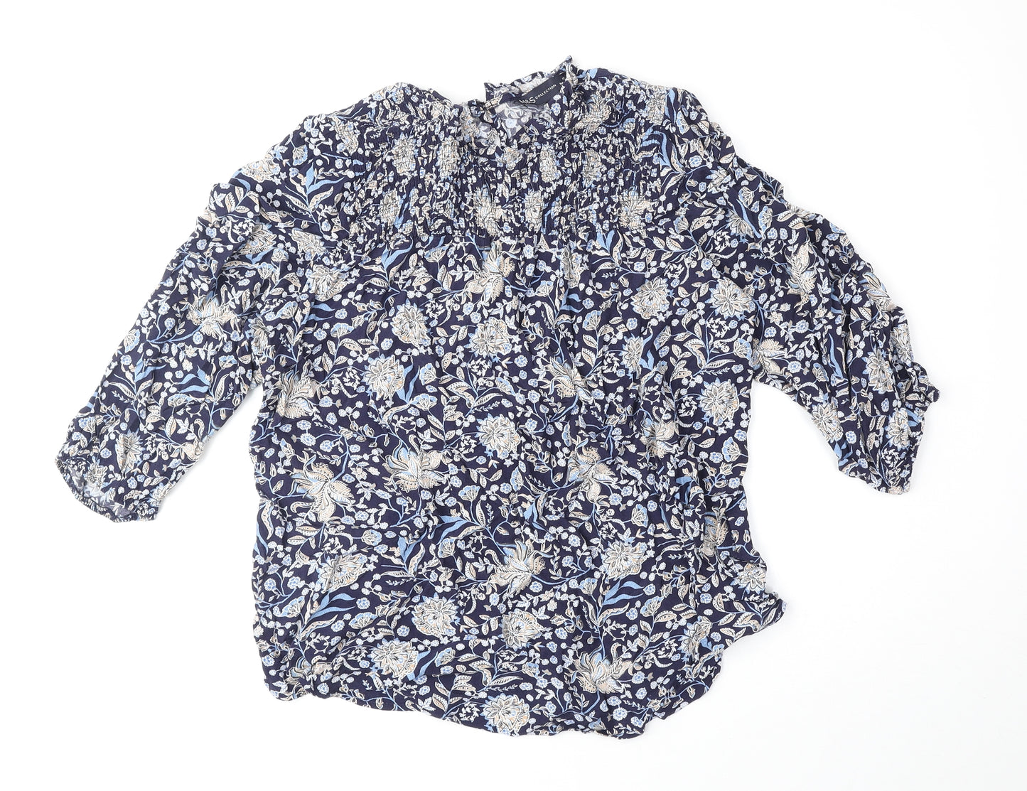 Marks and Spencer Womens Blue Floral Viscose Basic Blouse Size 10 Round Neck