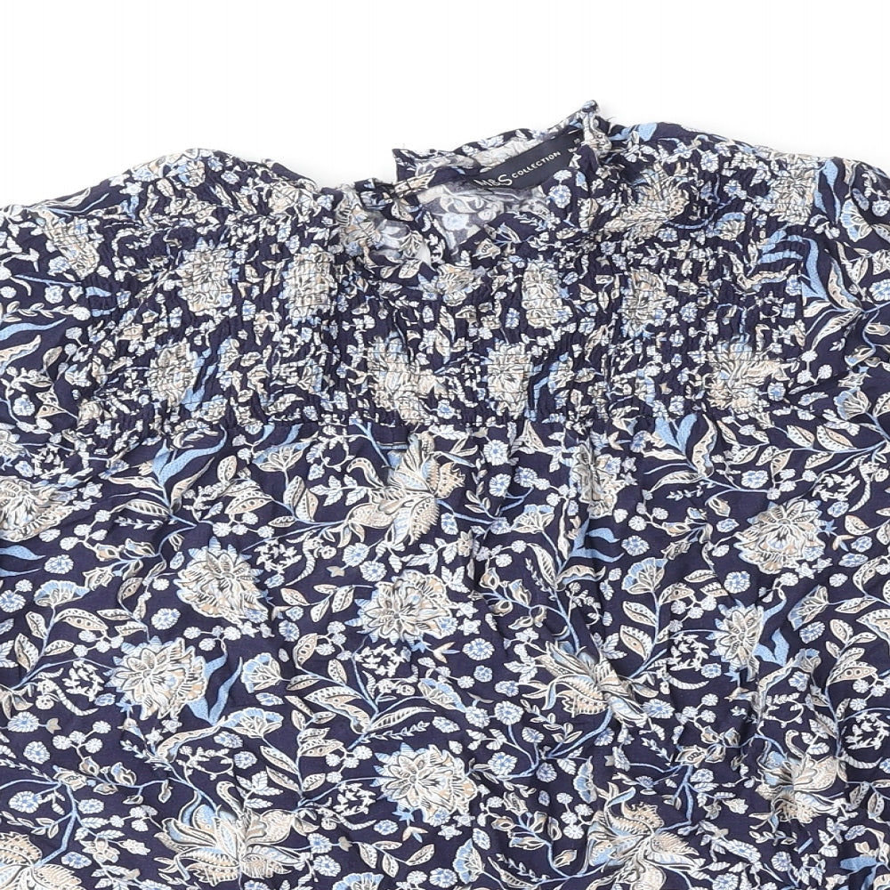 Marks and Spencer Womens Blue Floral Viscose Basic Blouse Size 10 Round Neck