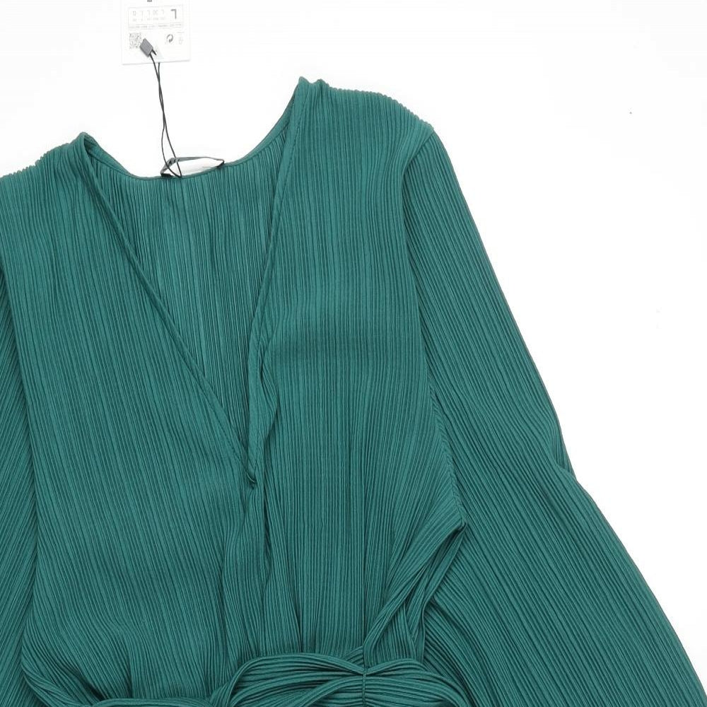 Zara Womens Green Polyester Fit & Flare Size L V-Neck Pullover
