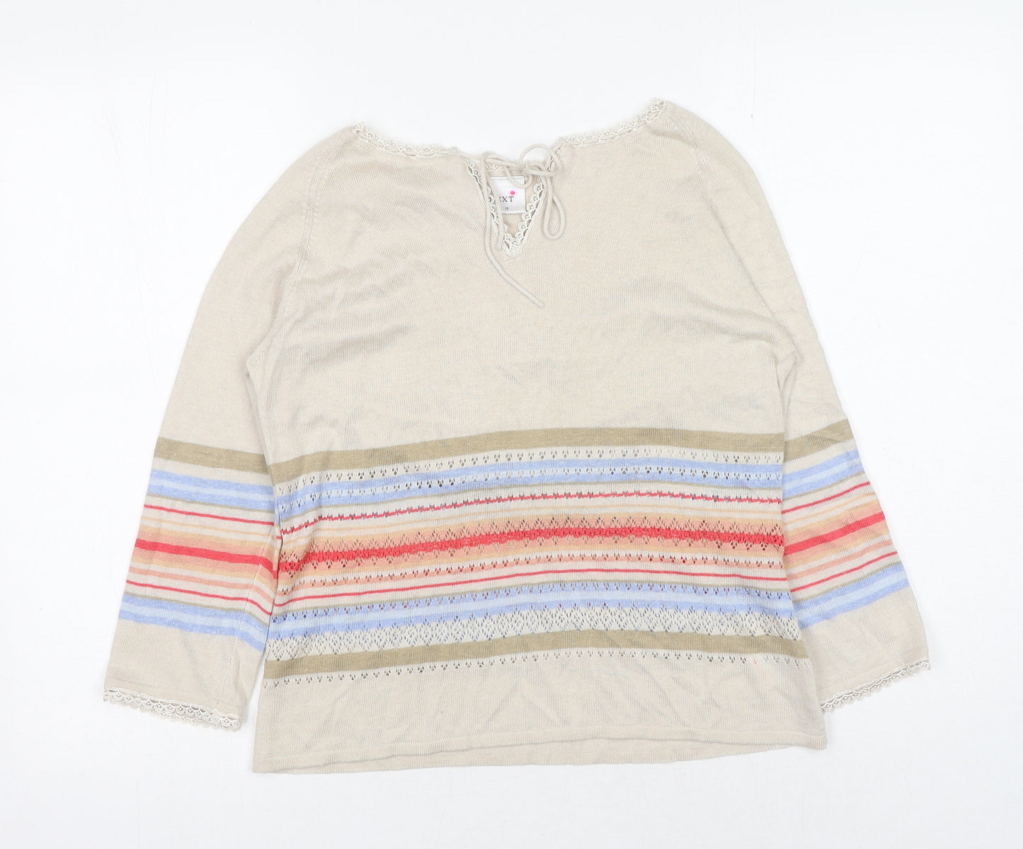 NEXT Womens Beige Striped Acrylic Basic Blouse Size 14 Boat Neck