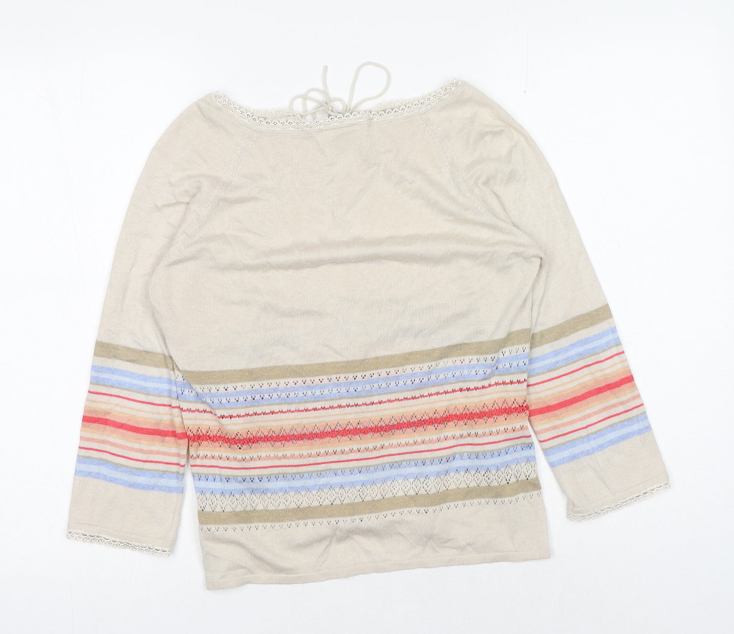 NEXT Womens Beige Striped Acrylic Basic Blouse Size 14 Boat Neck