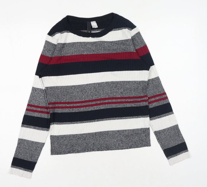 H&M Womens Grey Round Neck Striped Acrylic Pullover Jumper Size L