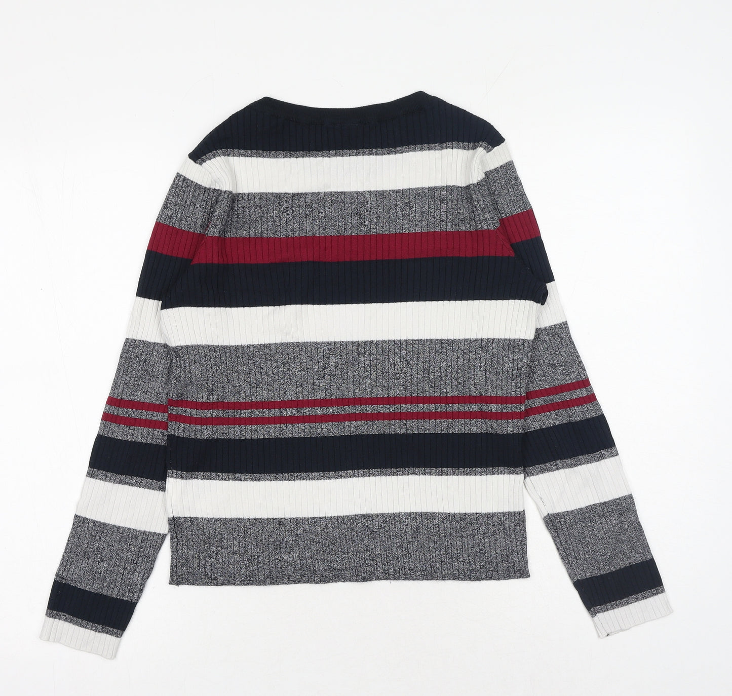 H&M Womens Grey Round Neck Striped Acrylic Pullover Jumper Size L