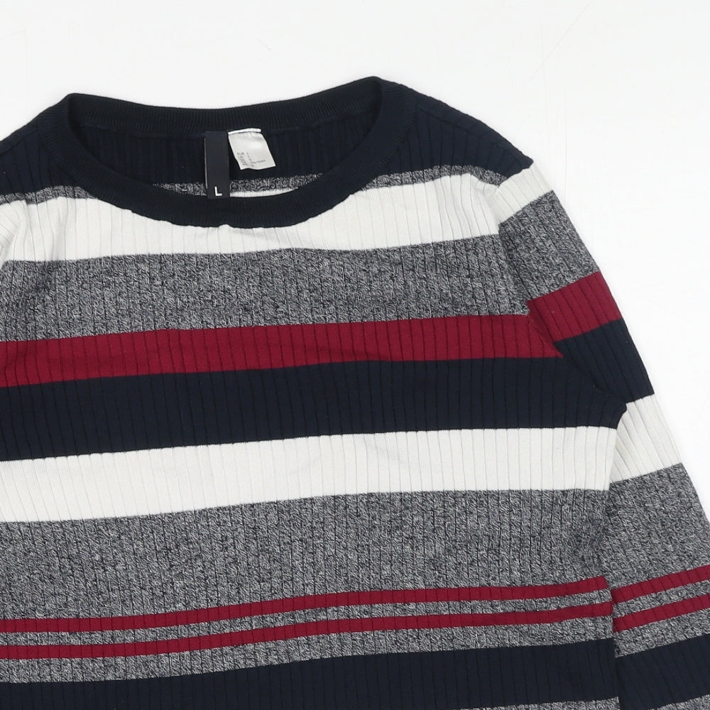 H&M Womens Grey Round Neck Striped Acrylic Pullover Jumper Size L