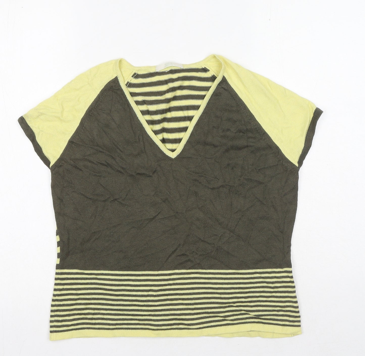 Marks and Spencer Womens Yellow Striped Cotton Basic T-Shirt Size 14 V-Neck