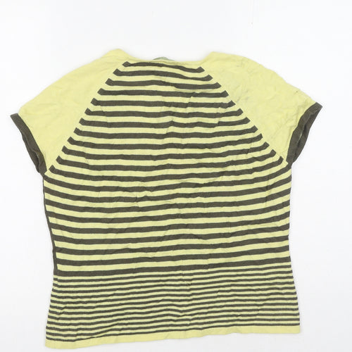 Marks and Spencer Womens Yellow Striped Cotton Basic T-Shirt Size 14 V-Neck
